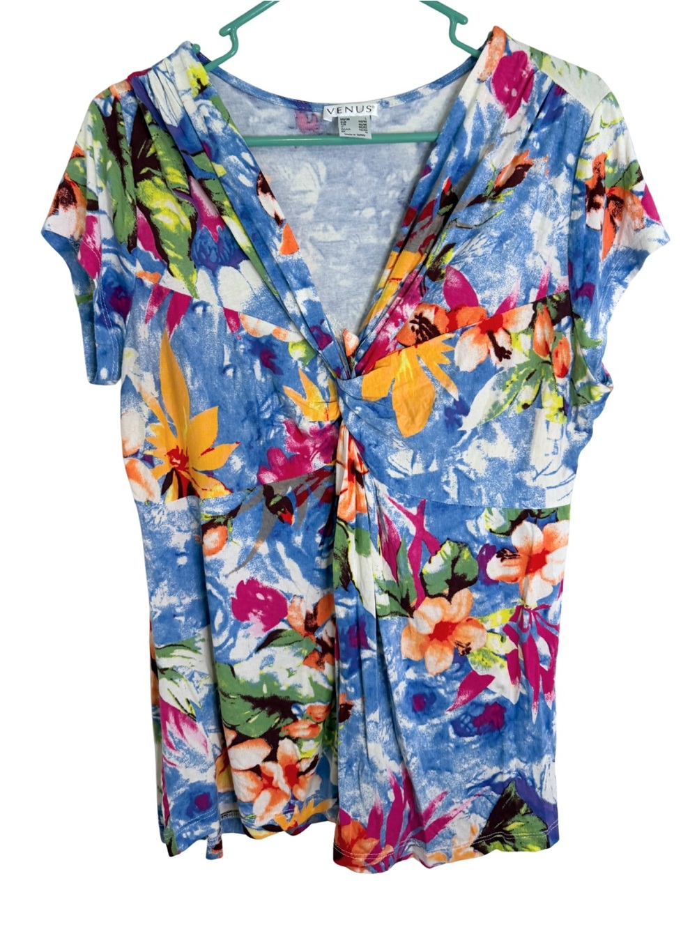 VENUS Blue Floral Twist-Front Short Sleeve Shirt Size Large